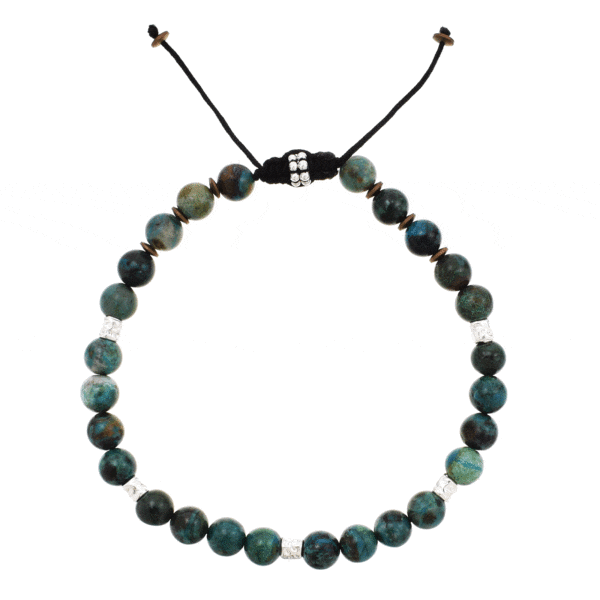 Handmade macrame bracelet with natural chrysocolla and hematite gemstones, threaded on a black string. The bracelet is decorated with sterling silver elements. Buy online shop.