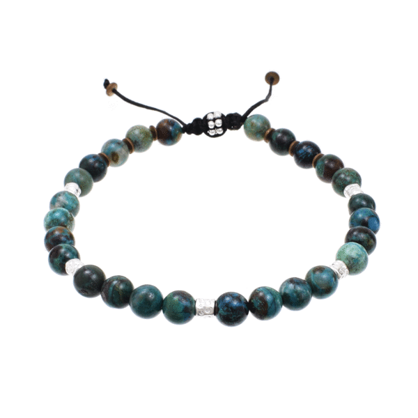 Handmade macrame bracelet with natural chrysocolla and hematite gemstones, threaded on a black string. The bracelet is decorated with sterling silver elements. Buy online shop.