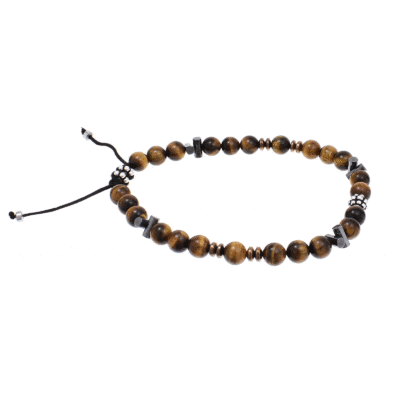 Handmade macrame bracelet with natural tiger's eye and hematite gemstones, threaded on a black string. The bracelet is decorated with sterling silver elements. Buy online shop.