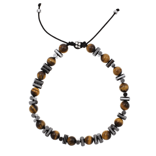 Handmade macrame bracelet with natural tiger's eye and hematite gemstones, threaded on a black string. The bracelet is decorated with sterling silver elements. Buy online shop.