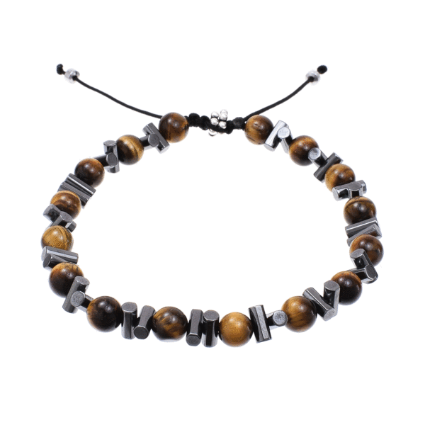 Handmade macrame bracelet with natural tiger's eye and hematite gemstones, threaded on a black string. The bracelet is decorated with sterling silver elements. Buy online shop.