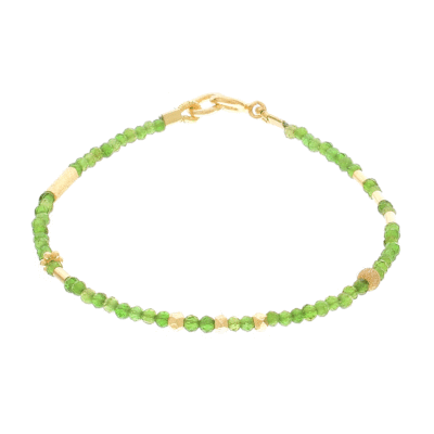 Handmade bracelet with natural diopside gemstones and decorative elements made of gold plated sterling silver. Buy online shop.