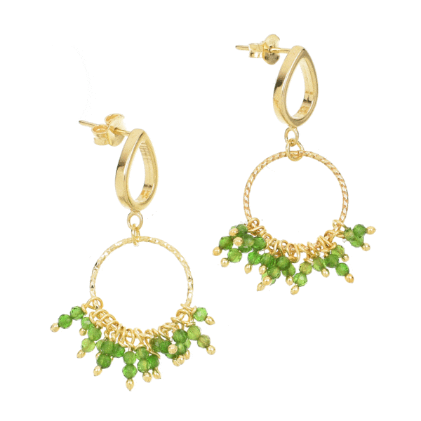 Handmade earrings made of gold plated sterling silver and natural diopside gemstones. Buy online shop.