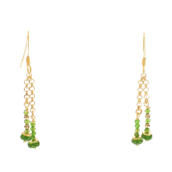 Handmade earrings made of gold plated sterling silver and natural, faceted diopside and pyrite gemstones in a spherical shape. Buy online shop.