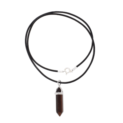 Pendant made of silver plated hypoallergenic metal and natural red tiger's eye gemstone pendulum. The pendant is threaded on a black leather with sterling silver clasp. Buy online shop.