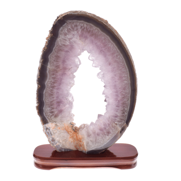 Slice of natural agate gemstone with amethyst crystals, placed on a wooden base. The agate is polished on both sides and it has a height of 40cm. Buy online shop.