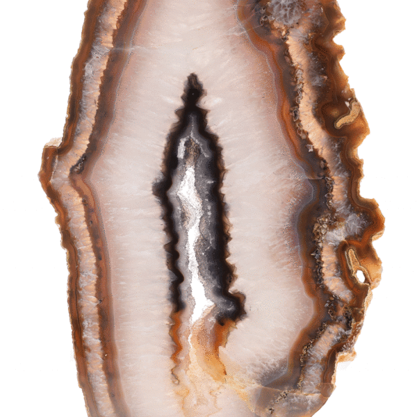 Slice of natural agate gemstone with crystal quartz, placed on a wooden base. The agate is polished on both sides and it has a height of 44cm. Buy online shop.