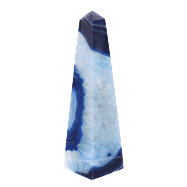 Obelisk made of natural agate gemstone with quartz, artificially colored. The obelisk has a height of 17cm. Buy online shop.