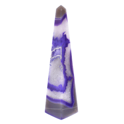 Obelisk made of natural agate gemstone with crystal quartz, artificially colored. The obelisk has a height of 23cm. Buy online shop.