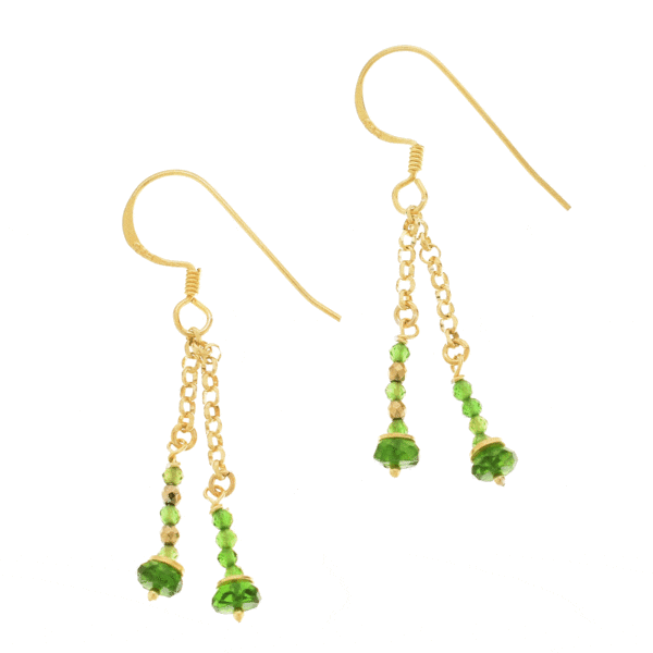 Handmade earrings made of gold plated sterling silver and natural, faceted diopside and pyrite gemstones in a spherical shape. Buy online shop.