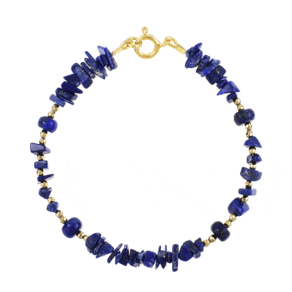 Handmade bracelet made of natural lapis lazuli and pyrite gemstones. The bracelet has a clasp made of gold plated sterling silver. Buy online shop. 