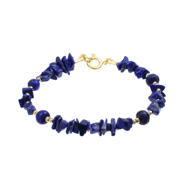 Handmade bracelet made of natural lapis lazuli and pyrite gemstones. The bracelet has a clasp made of gold plated sterling silver. Buy online shop. 