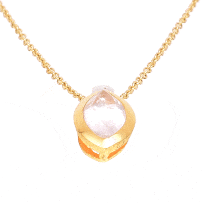 Handmade pendant made of sterling silver with gold plated bezel and natural rose quartz gemstone, in a marquise shape. The pendant is threaded on a gold plated sterling silver chain with adaptable length. Buy online shop.