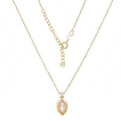 Handmade pendant made of sterling silver with gold plated bezel and natural rose quartz gemstone, in a marquise shape. The pendant is threaded on a gold plated sterling silver chain with adaptable length. Buy online shop.