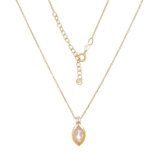 Handmade pendant made of sterling silver with gold plated bezel and natural rose quartz gemstone, in a marquise shape. The pendant is threaded on a gold plated sterling silver chain with adaptable length. Buy online shop.