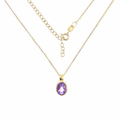 Handmade pendant made of gold plated sterling silver and natural, faceted amethyst gemstone, in an oval shape. The pendant is threaded on a gold plated sterling silver chain with adjustable length. Buy online shop.