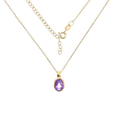 Handmade pendant made of gold plated sterling silver and natural, faceted amethyst gemstone, in an oval shape. The pendant is threaded on a gold plated sterling silver chain with adjustable length. Buy online shop.