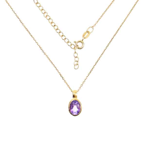 Handmade pendant made of gold plated sterling silver and natural, faceted amethyst gemstone, in an oval shape. The pendant is threaded on a gold plated sterling silver chain with adjustable length. Buy online shop.