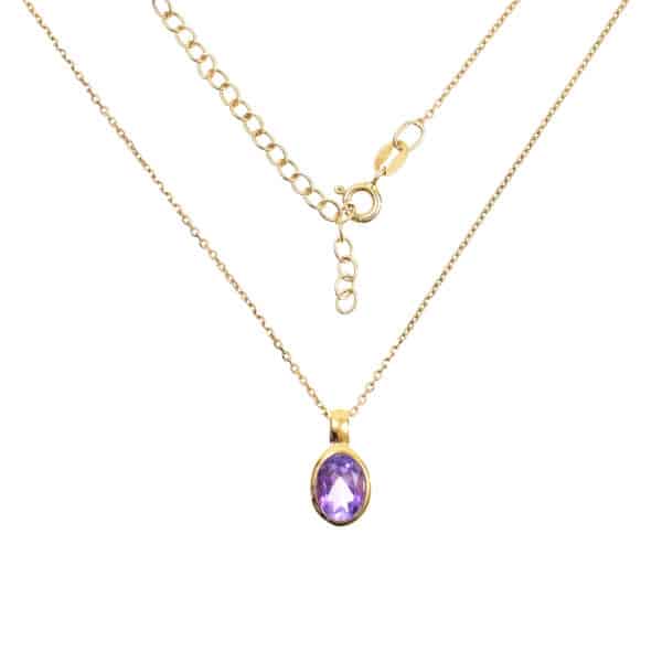 Handmade pendant made of gold plated sterling silver and natural, faceted amethyst gemstone, in an oval shape. The pendant is threaded on a gold plated sterling silver chain with adjustable length. Buy online shop.