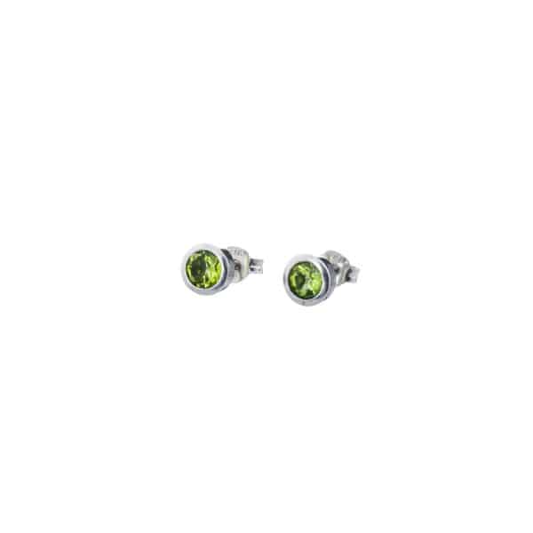 Handmade stud earrings made of sterling silver and natural peridot gemstone, in a round shape. Buy online shop.