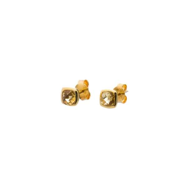 Handmade stud earrings made of gold plated sterling silver and natural citrine quartz gemstone, in a square shape. Buy online shop.
