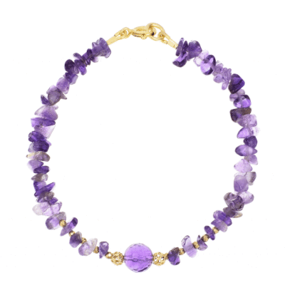 Handmade bracelet made of natural amethyst and pyrite gemstones. The necklace is decorated with gold plated sterling silver elements. Buy online shop.