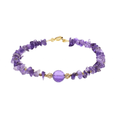 Handmade bracelet made of natural amethyst and pyrite gemstones. The necklace is decorated with gold plated sterling silver elements. Buy online shop.