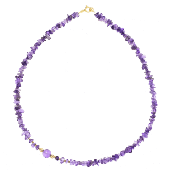 Handmade necklace made of natural amethyst and pyrite gemstones. The necklace is decorated with gold plated sterling silver elements. Buy online shop.