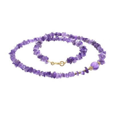 Handmade necklace made of natural amethyst and pyrite gemstones. The necklace is decorated with gold plated sterling silver elements. Buy online shop. 