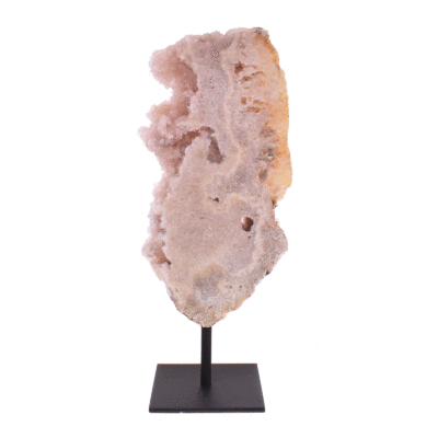 Polished slice of natural pink amethyst gemstone, embedded into a black, metallic base. The product has a height of 32cm. Buy online shop.