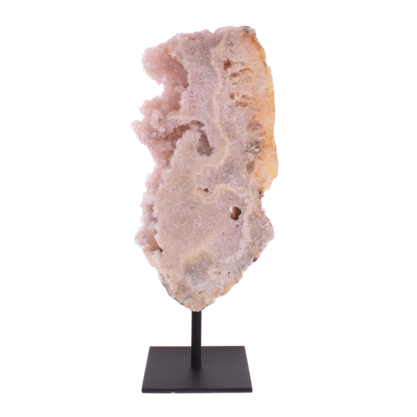 Γυαλισμένη φέτα φυσικής πέτρας ροζ αμεθύστου, ενσωματωμένη σε μαύρη, μεταλλική βάση. Το προϊόν έχει ύψος 32cm. Αγοράστε online shop.