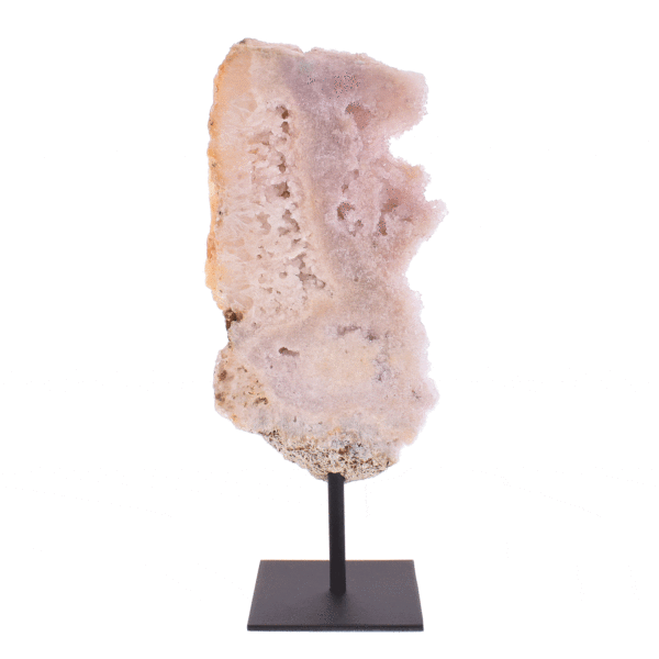 Polished slice of natural pink amethyst gemstone, embedded into a black, metallic base. The product has a height of 32cm. Buy online shop.