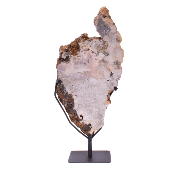 Polished slice of natural pink amethyst gemstone, placed on a black, metallic base. The product has a height of 58cm. Buy online shop.