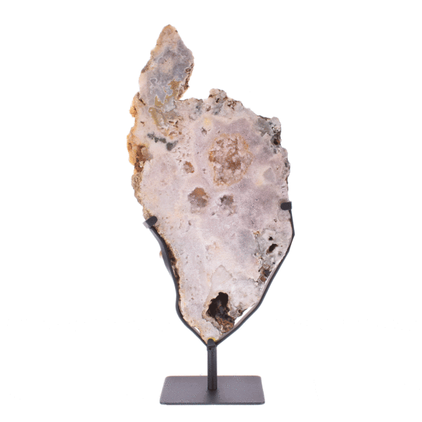 Polished slice of natural pink amethyst gemstone, placed on a black, metallic base. The product has a height of 58cm. Buy online shop.