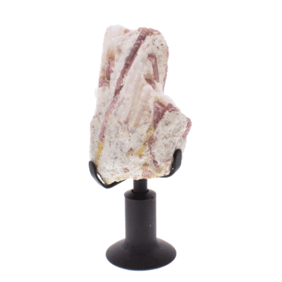 Raw piece of natural pink tourmaline gemstone on matrix. The tourmaline is placed on a black, metallic, rotating base and the product has a height of 25cm. Buy online shop.