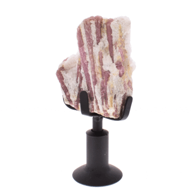 Raw piece of natural pink tourmaline gemstone on matrix. The tourmaline is placed on a black, metallic, rotating base and the product has a height of 25cm. Buy online shop.