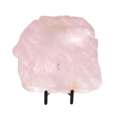 Polished 27.5cm slice of natural rose quartz gemstone. The slice comes with a black, metallic base. 
