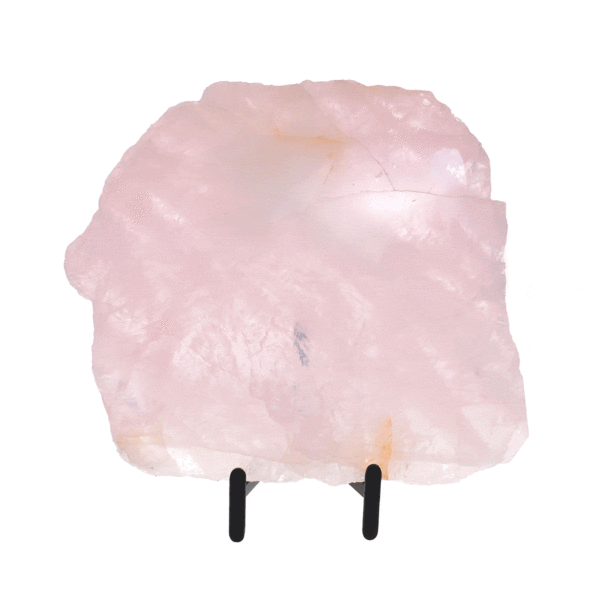 Polished 27.5cm slice of natural rose quartz gemstone. The slice comes with a black, metallic base. 