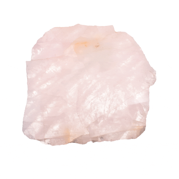 Polished 27.5cm slice of natural rose quartz gemstone. The slice comes with a black, metallic base. 