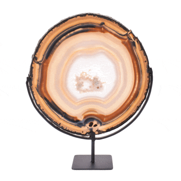 Slice of natural agate gemstone with crystal quartz, placed on a black, metallic base. The product has a height of 42cm. Buy online shop.