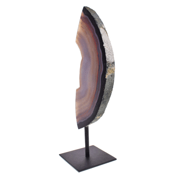 Polished slice of natural agate gemstone with crystal quartz, embedded into a black, metallic base. The product has a height of 35cm. Buy online shop.