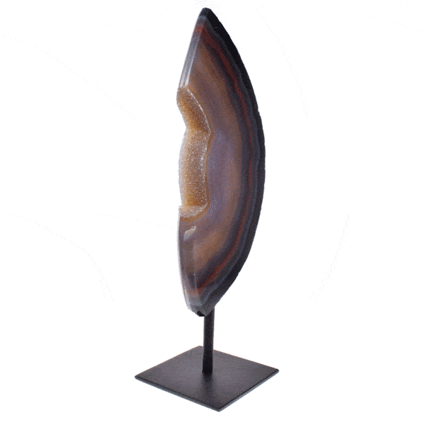 Polished slice of natural agate gemstone with crystal quartz, embedded into a black, metallic base. The product has a height of 35cm. Buy online shop.