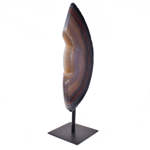 Polished slice of natural agate gemstone with crystal quartz, embedded into a black, metallic base. The product has a height of 35cm. Buy online shop.