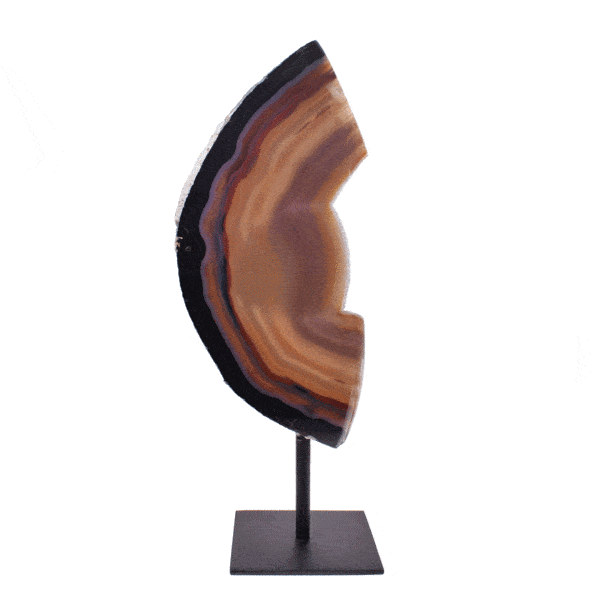 Polished slice of natural agate gemstone with crystal quartz, embedded into a black, metallic base. The product has a height of 35cm. Buy online shop.