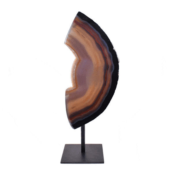 Polished slice of natural agate gemstone with crystal quartz, embedded into a black, metallic base. The product has a height of 35cm. Buy online shop.