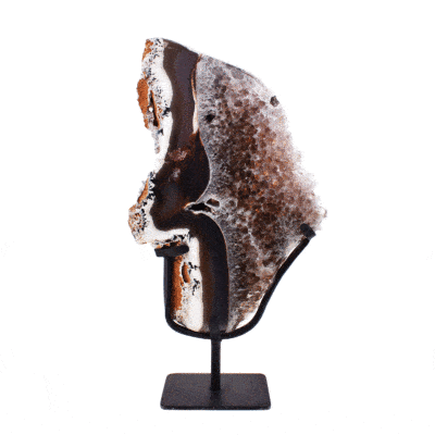 Polished slice of natural agate gemstone with smoky quartz, placed on a black, metallic base. The product has a height of 36cm. Buy online shop.