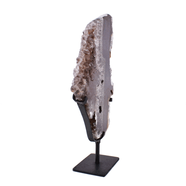 Polished slice of natural agate gemstone with smoky quartz, placed on a black, metallic base. The product has a height of 36cm. Buy online shop.