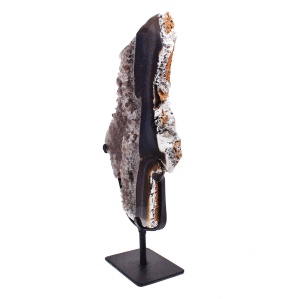 Polished slice of natural agate gemstone with smoky quartz, placed on a black, metallic base. The product has a height of 36cm. Buy online shop.