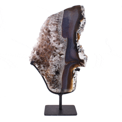 Polished slice of natural agate gemstone with smoky quartz, placed on a black, metallic base. The product has a height of 36cm. Buy online shop.