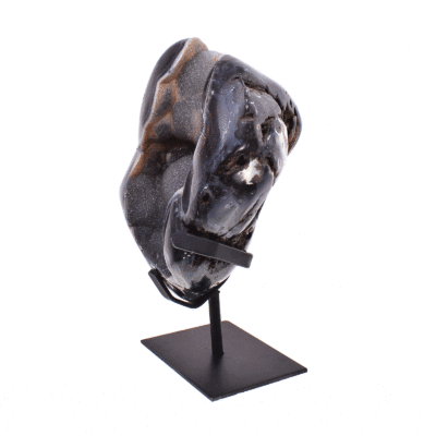 Natural agate geode gemstone with crystal quartz, placed on a black, metallic base. The product has a height of 23cm. Buy online shop.